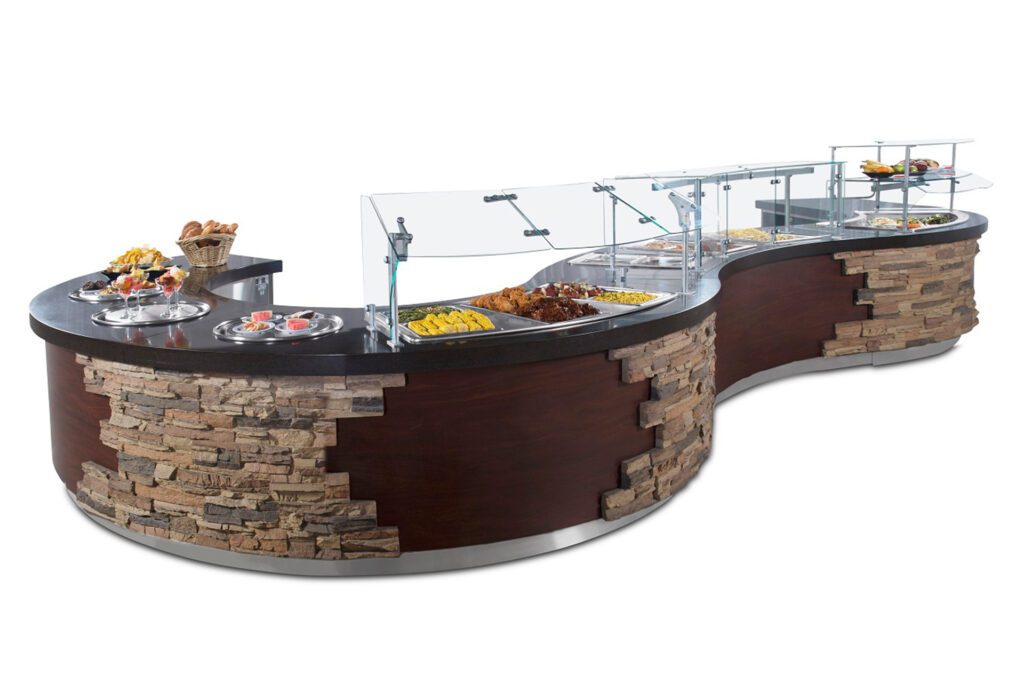 Custom serving line with buffet displays, food guards and stone accents