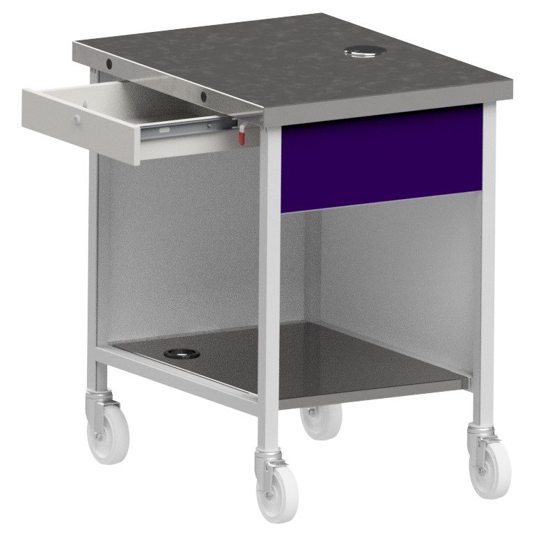 CACS cashier station unit with cash drawer and open storage shelf by Atlas Metal