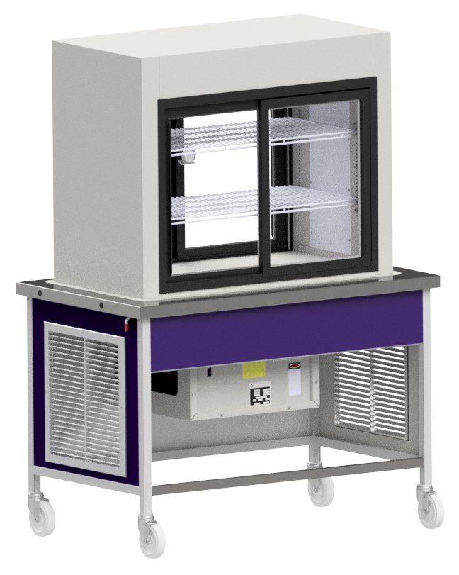 CAPT refrigerated pass-through display case with sliding glass doors by Atlas Metal