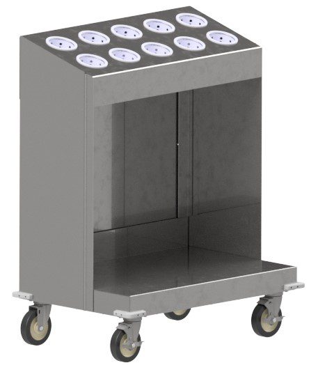 TC mobile tray and silverware cart with top silverware cylinder openings and open bottom by Atlas Metal