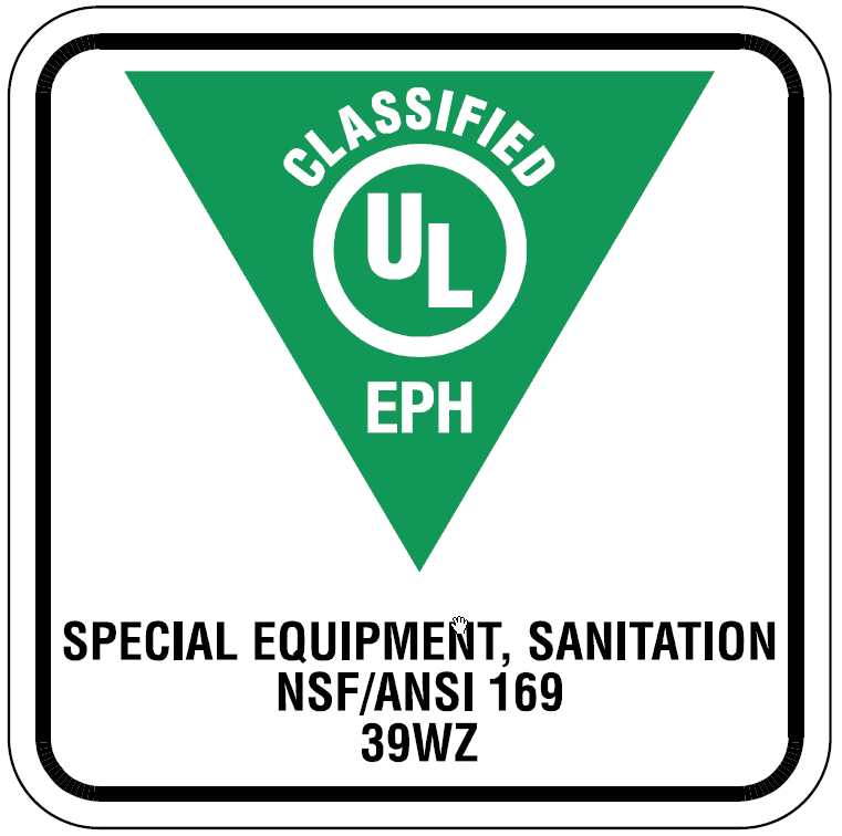 UL Classified Certification EPH logo, Special Equipment, Sanitation NSF/ANSI 169 39WZ
