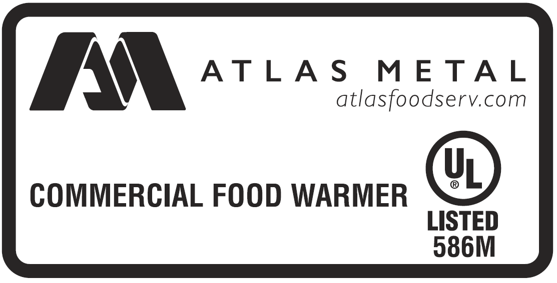 Atlas Metal commercial food warmer label with UL Listed 586M certification