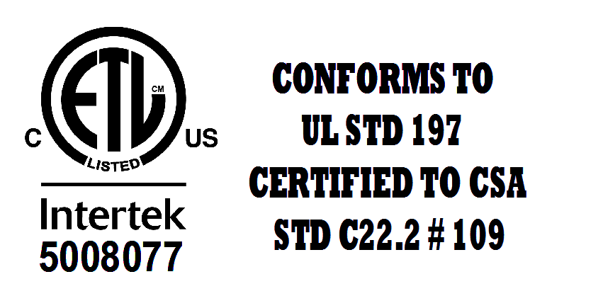 ETL Listed Intertek 5008077 certification label for UL STD 197 and CSA STD C22.2 number 109