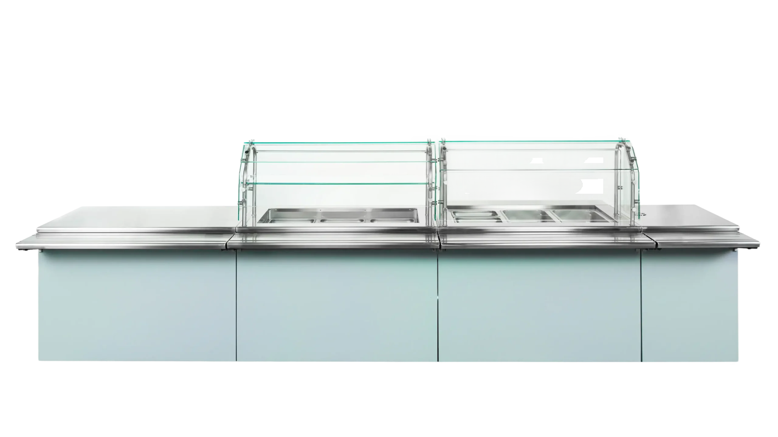 INFINITI FIT modular serving line with glass food guards and stainless steel countertop.