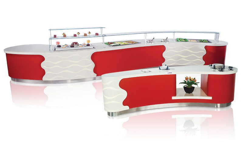 Custom INFINITI serving line with red and white front panels
