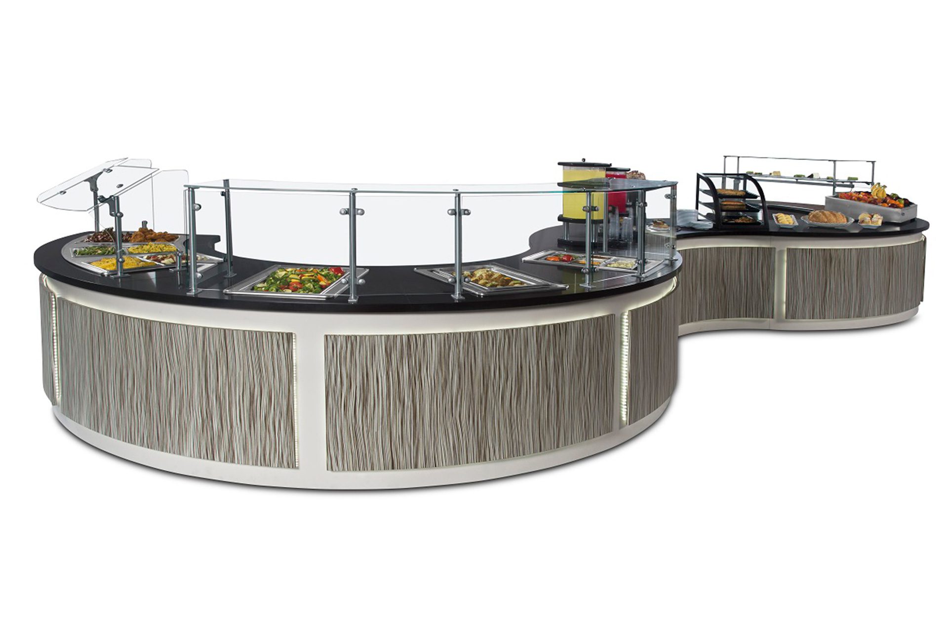 Curved custom buffet serving line with food guards and display stations