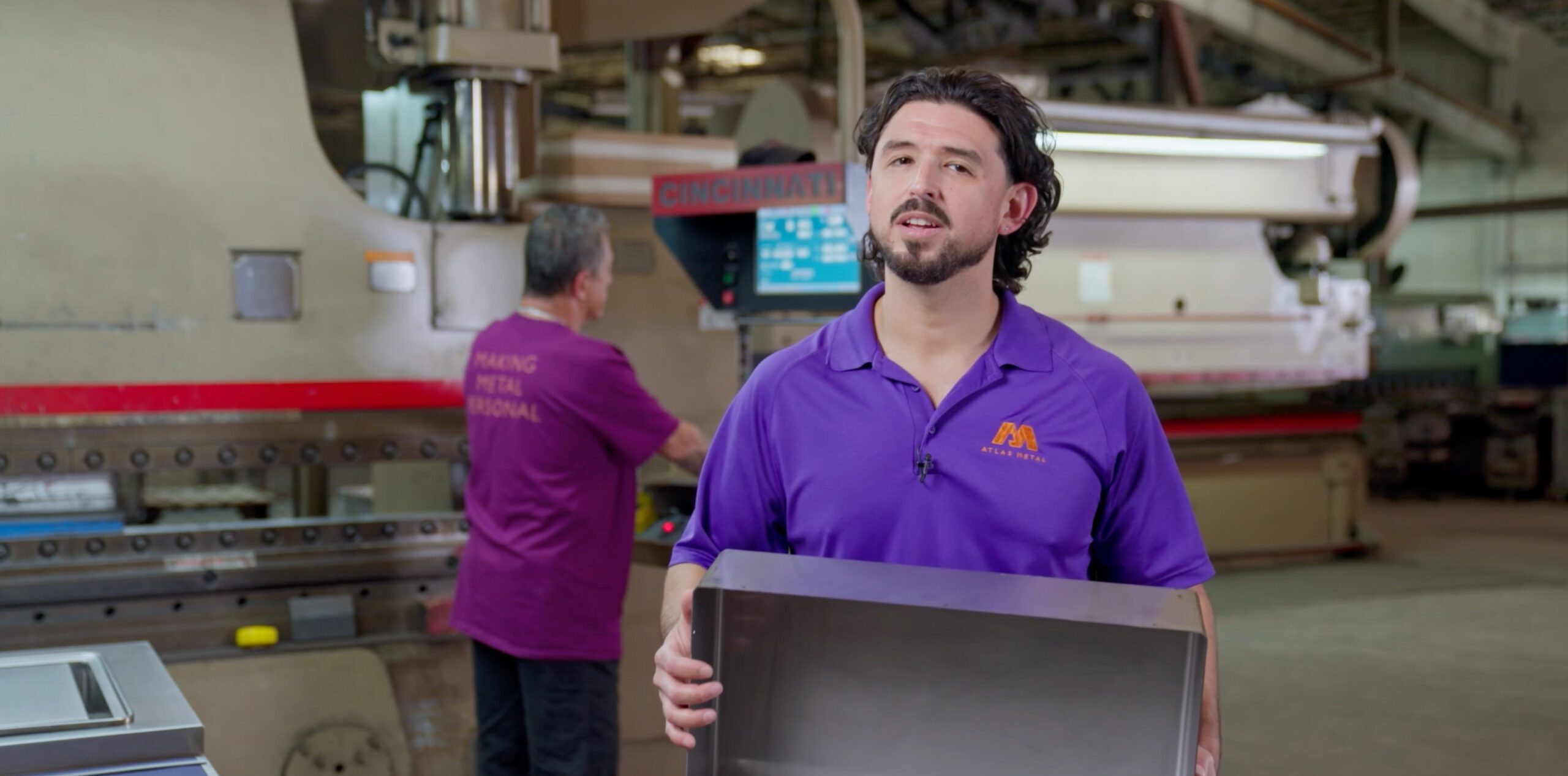 Video thumbnail of Dominick Mongiove Jr., VP of Operations at Atlas Metal, presenting foodservice equipment in the manufacturing facility