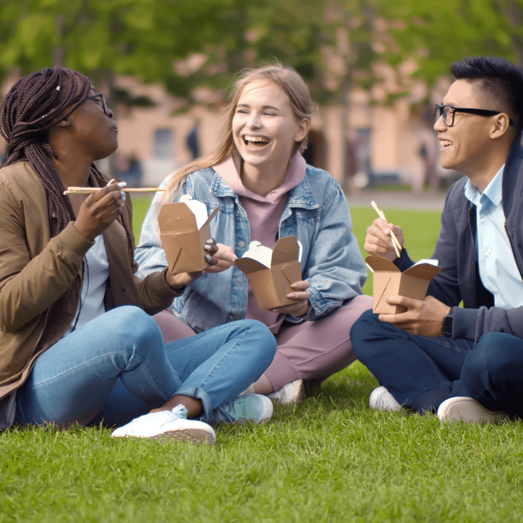 College students eating together on campus