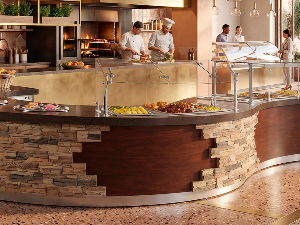 Custom serving line with food guards in a restaurant setting
