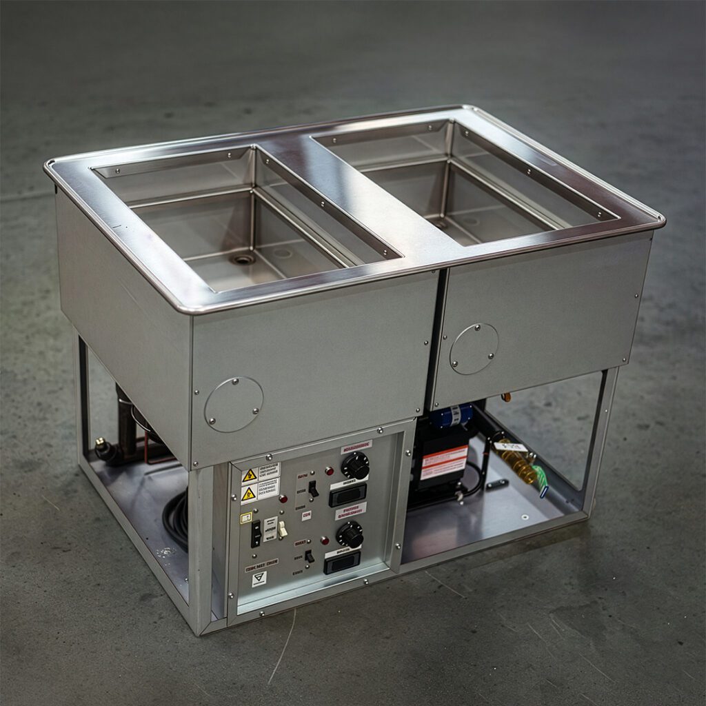 Two-well drop-in unit with stainless steel food wells and integrated temperature controls.