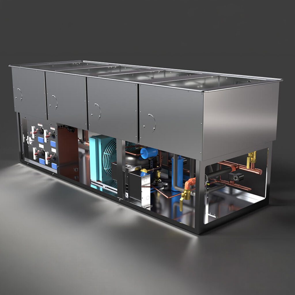 Four-well drop-in unit with stainless steel food wells and integrated heating and refrigeration components.