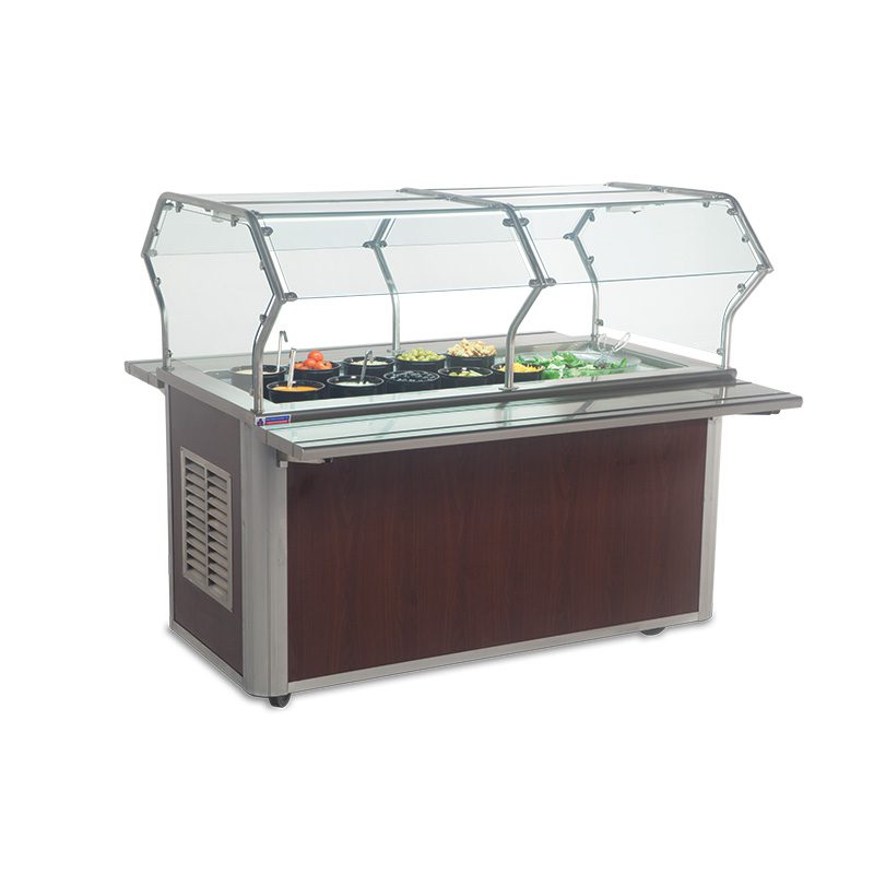 Refrigerated serving line with glass food guard, stainless steel serving wells and wood-look enclosed base.