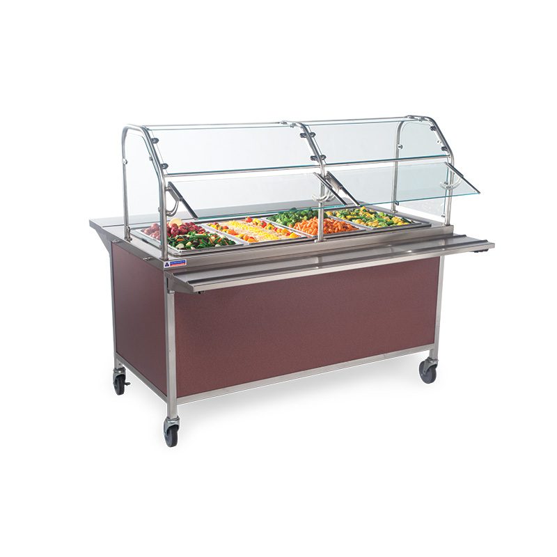Mobile serving line with glass food guard, stainless steel frame and enclosed base.