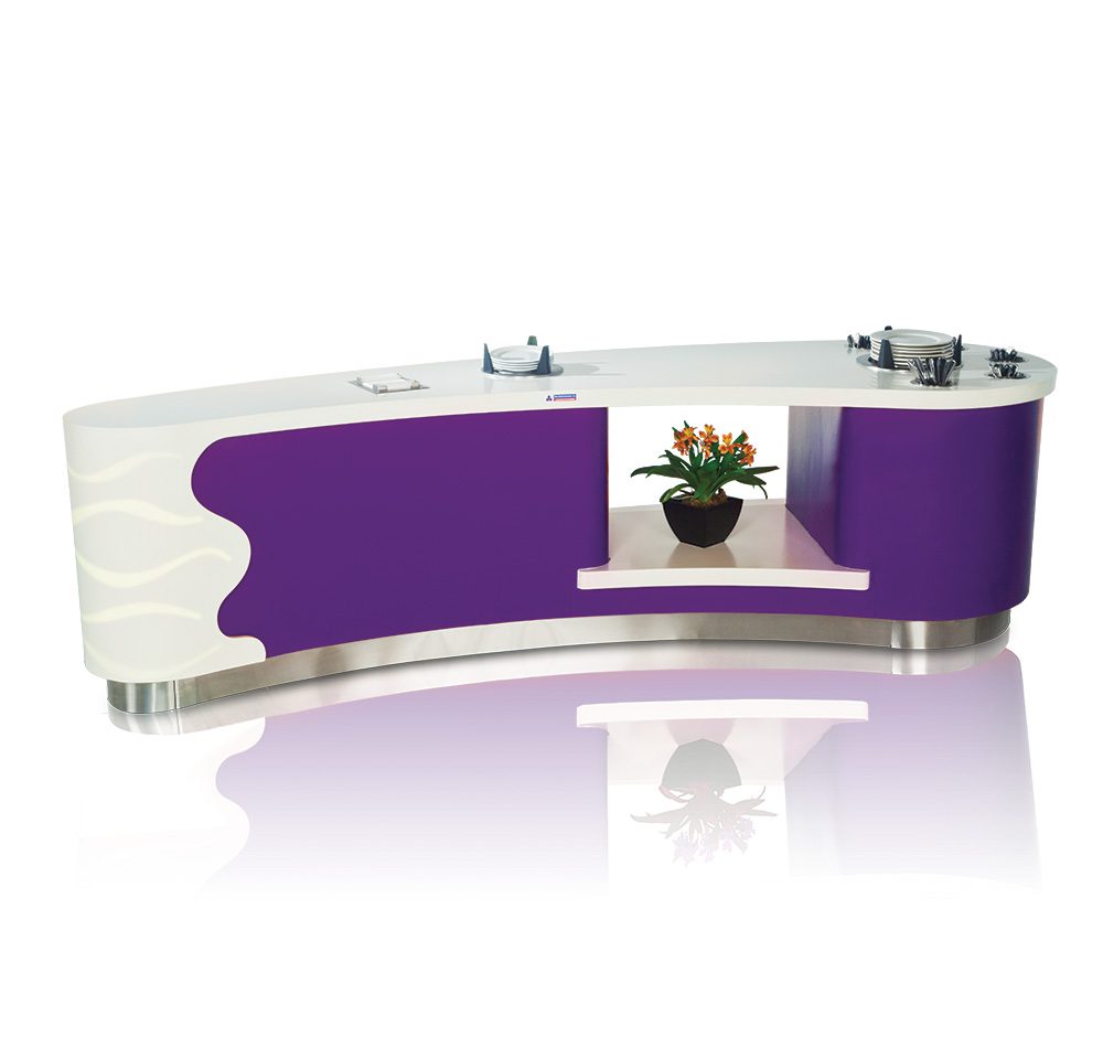 Custom serving line with purple laminate front panel and stainless steel countertop.