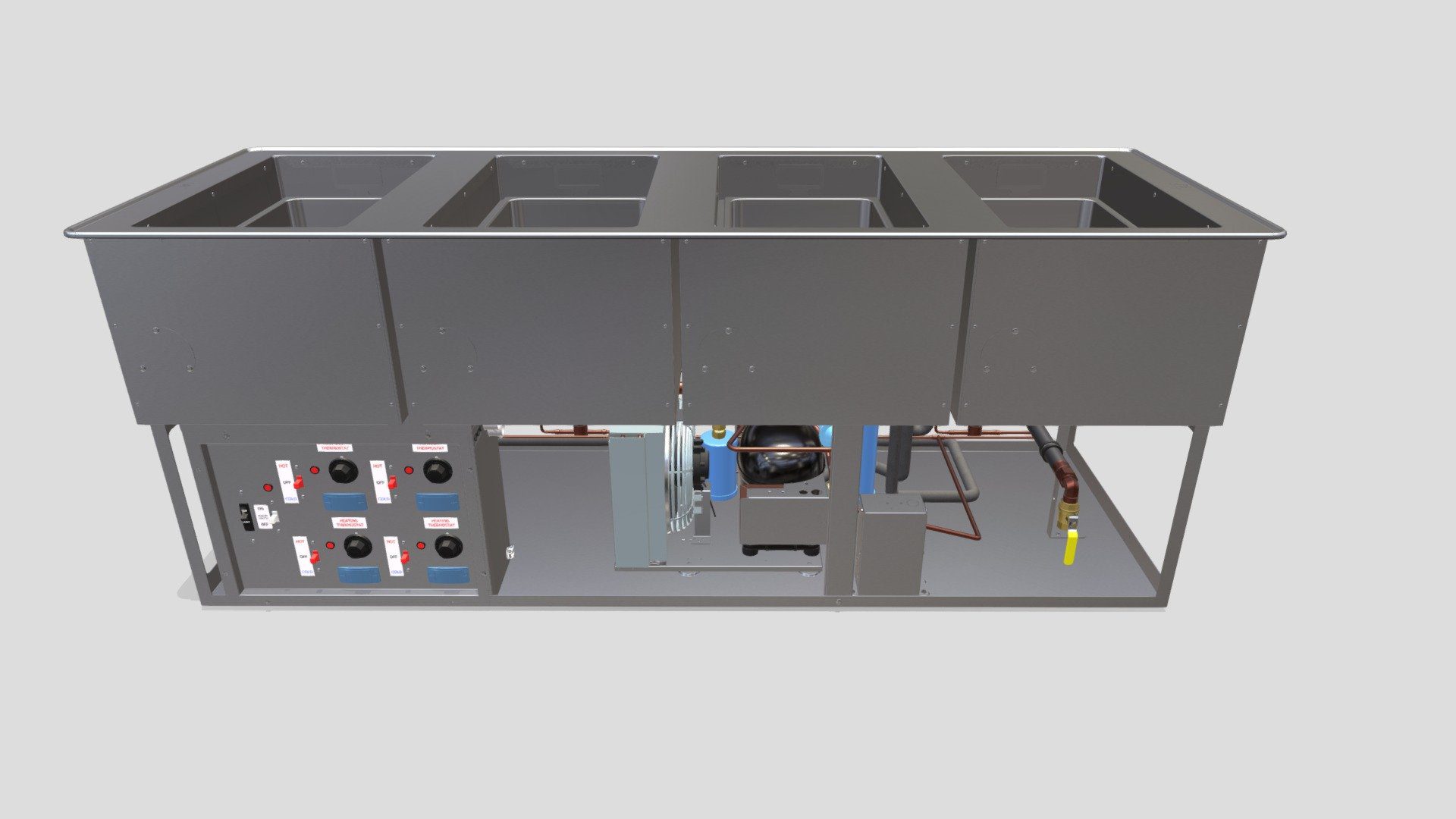 Hot and cold drop-in unit with stainless steel food wells and adjustable temperature controls.