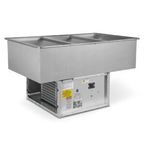 Three-well refrigerated cold pan drop-in unit with stainless steel food wells.