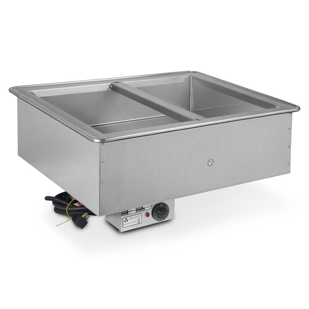 Two-well hot pan drop-in unit with stainless steel food wells and temperature controls.