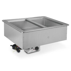 Two-well hot pan drop-in unit with stainless steel food wells and temperature controls.