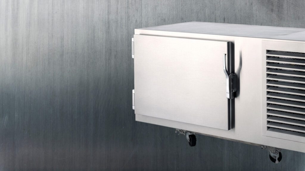 Atlas Metal refrigerated base unit with stainless steel door and refrigeration system.