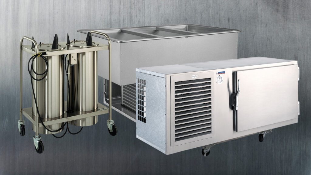 Lockup of Atlas Metal rack and tray dispenser, refrigerated base and cold pan units on a metal gray background.