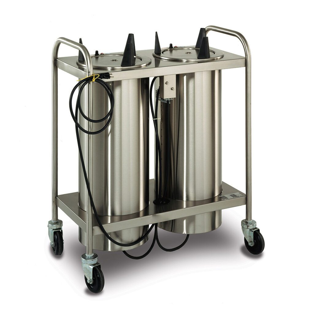 Mobile tray and rack dispenser with stainless steel frame and locking casters.