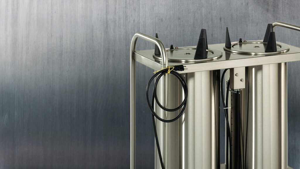 Atlas Metal tray and rack dispenser for commercial foodservice applications.